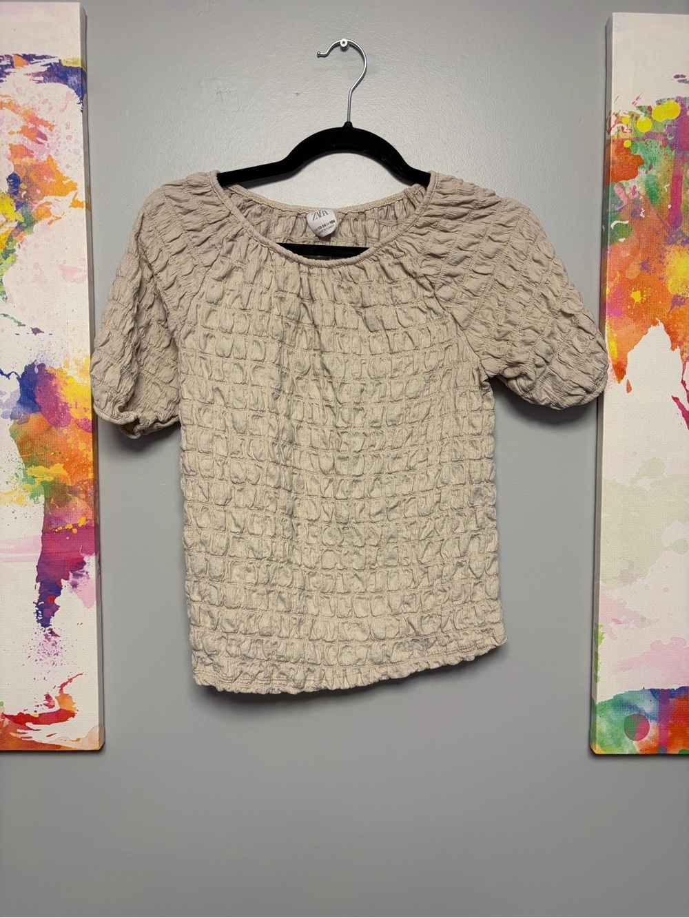 Zara Cream size small Puff Sleeve Ruched Blouse /see pictures for sizing